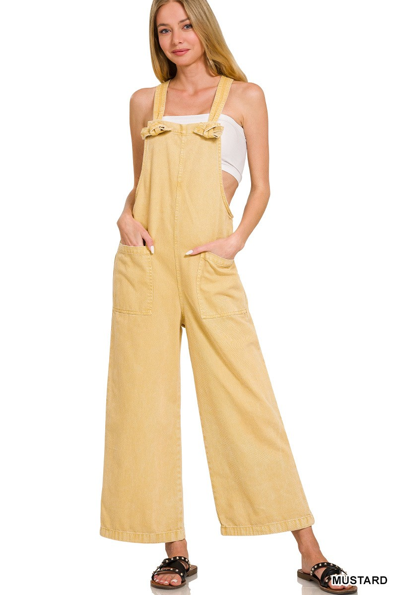 Washed Knot Strap Pockets Jumpsuit - Mustard