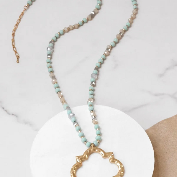 Long Wooden Bead Necklace with Clover Quatrefoil Gold Pendant - Light Turquoise
