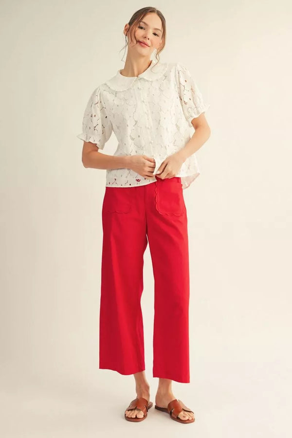 Scallop Stroll Wide‑Leg Pant -Red