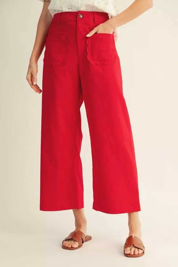 Scallop Stroll Wide‑Leg Pant -Red
