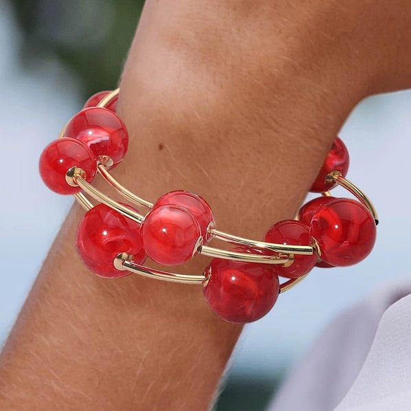 3PCS - Metal Ball Station Stretch Bracelets, Red