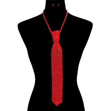 Pearl Necktie Necklace Set, Red