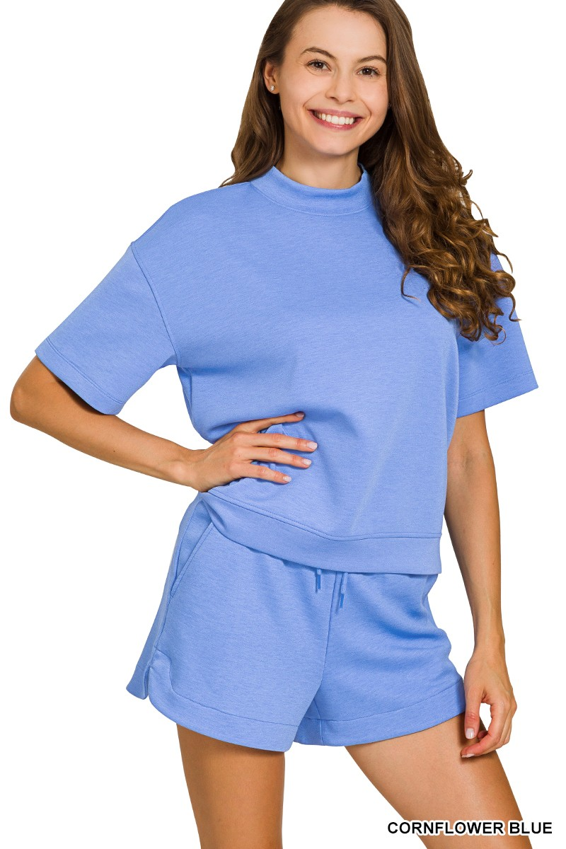Scuba High Neck Top & Dolphin Shorts Set - Cornflower Blue
