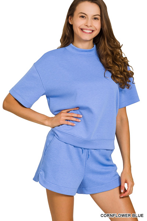 Scuba High Neck Top & Dolphin Shorts Set - Cornflower Blue