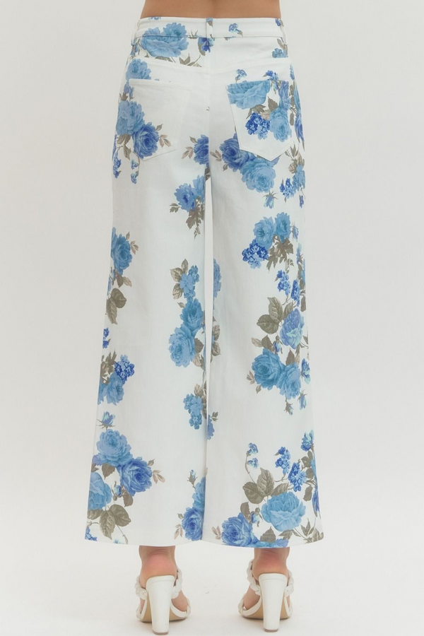 Floral Print Wide-Leg Pant  - Blue