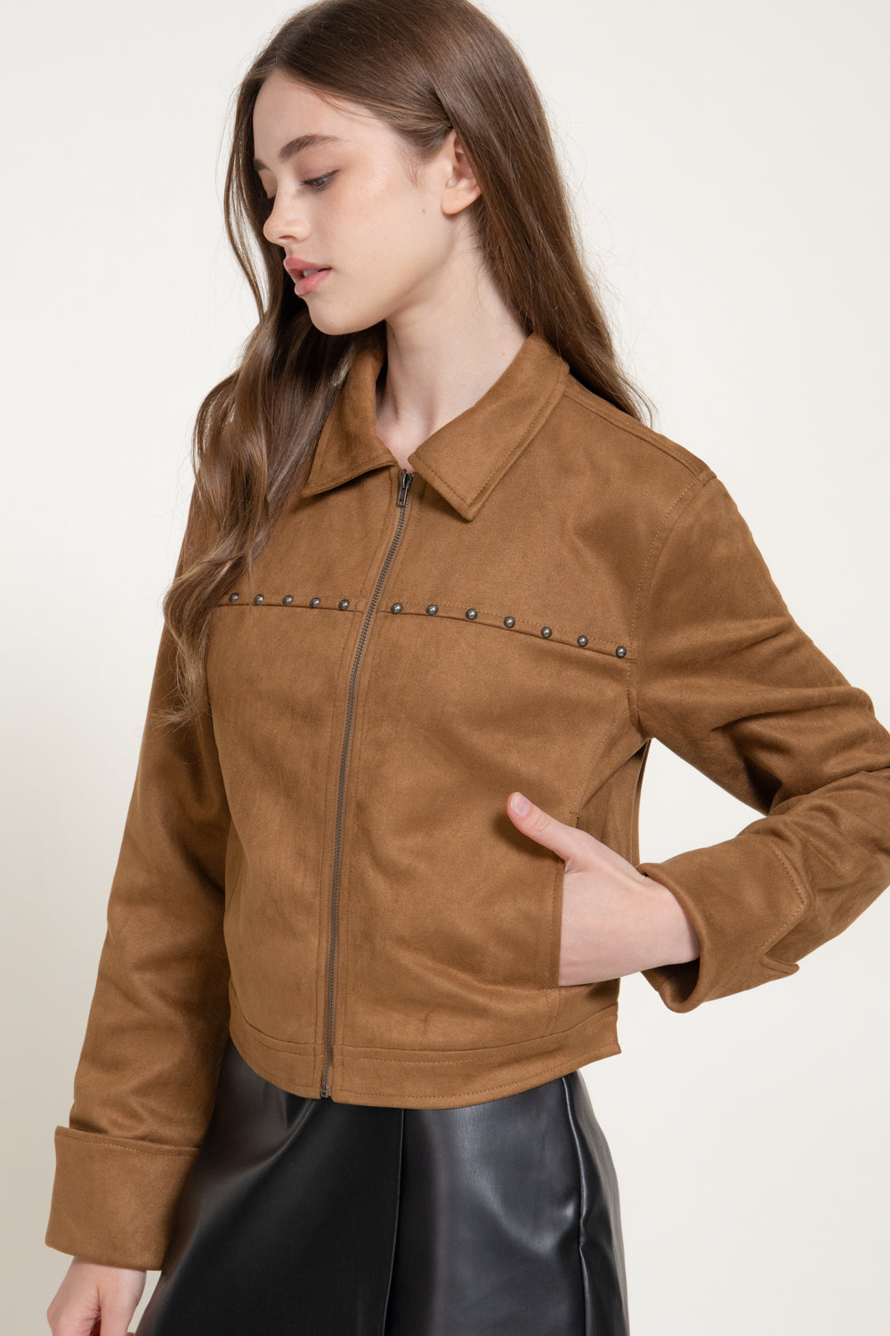 Studded Faux Suede Jacket, Carmel