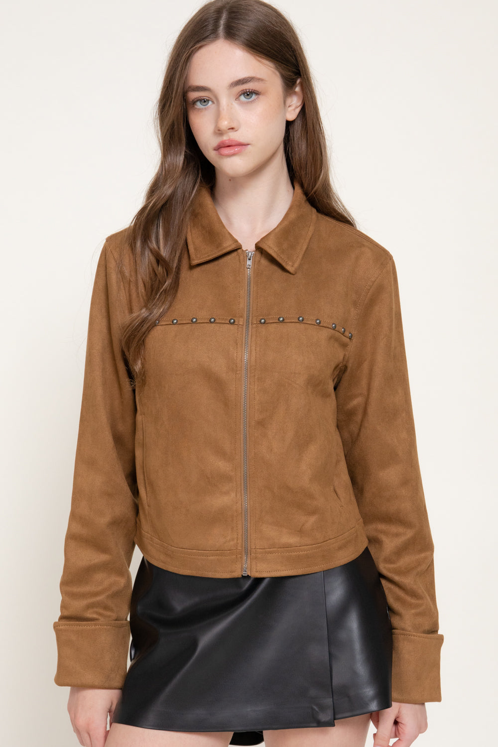 Studded Faux Suede Jacket, Carmel