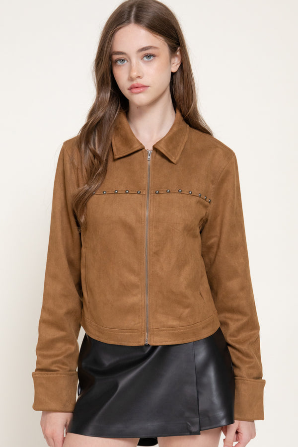 Studded Faux Suede Jacket, Carmel