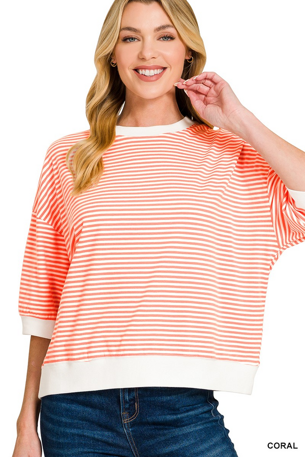 Striped Contrast Trim Banded Bottom Top - Coral