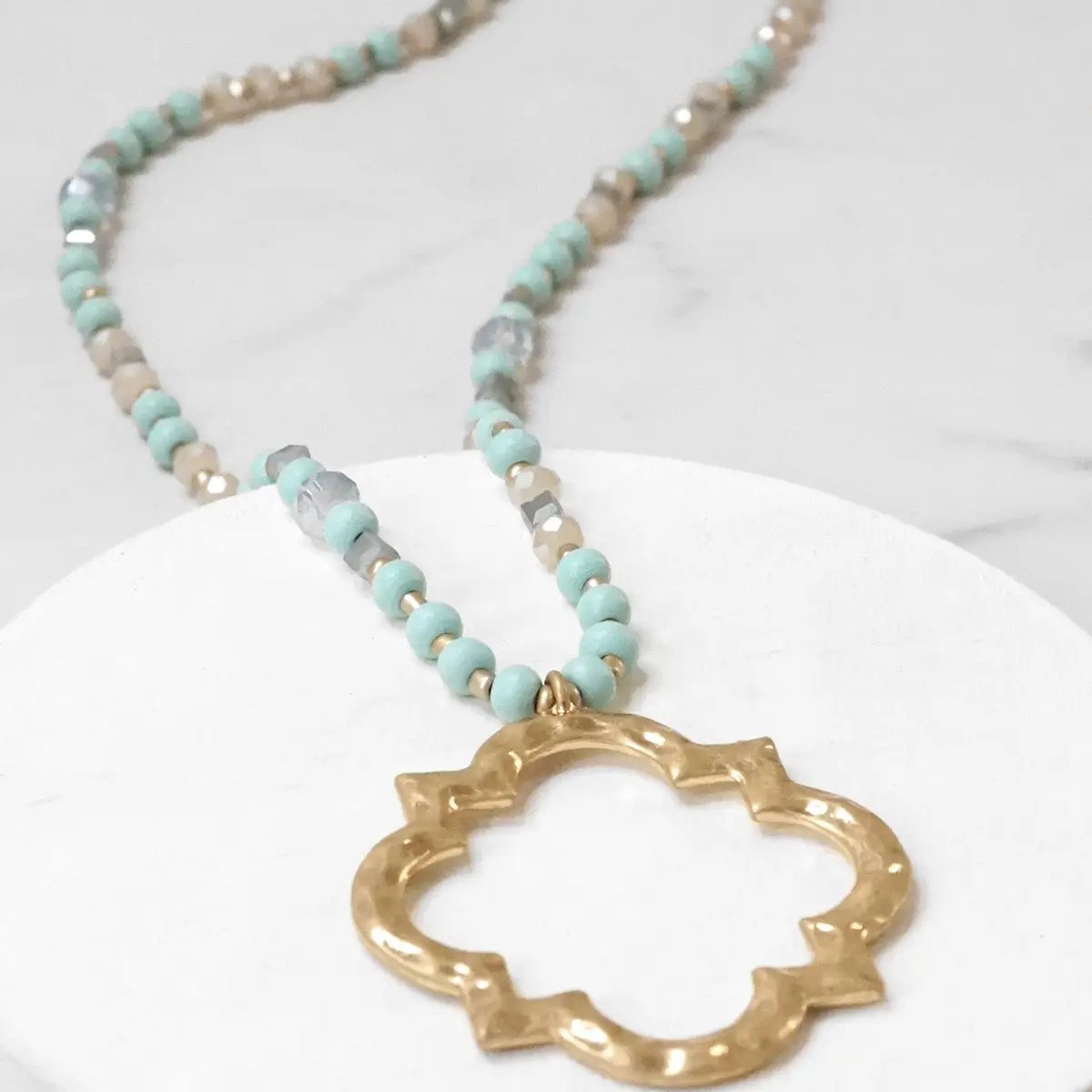 Long Wooden Bead Necklace with Clover Quatrefoil Gold Pendant - Light Turquoise