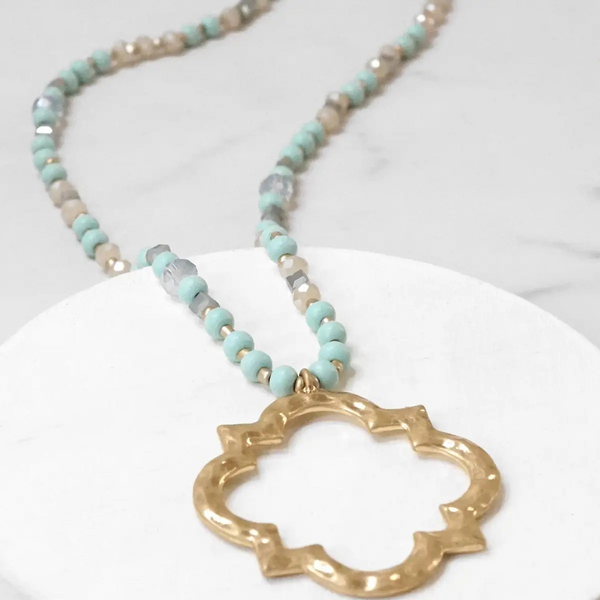 Long Wooden Bead Necklace with Clover Quatrefoil Gold Pendant - Light Turquoise