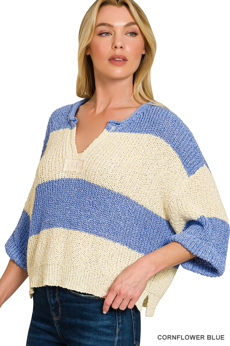 Split Neck Stripe Sweater
