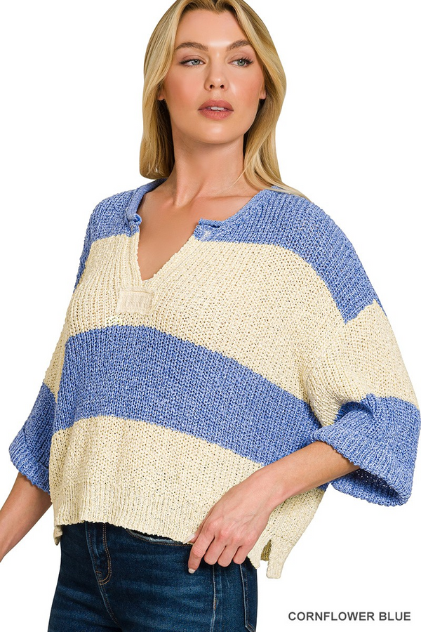 Split Neck Stripe Sweater