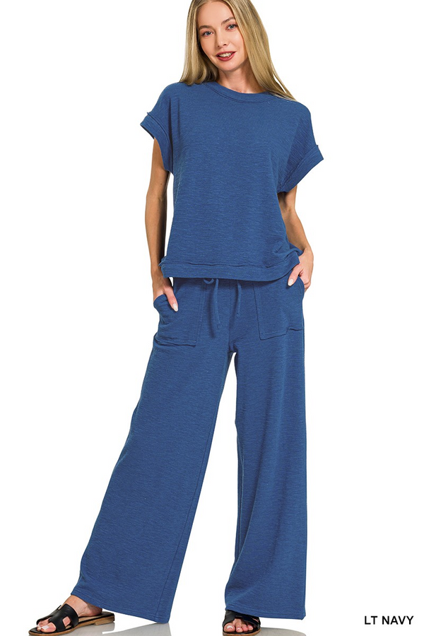 Cotton Slub Short Sleeve Tee & Long Pants Set - Navy