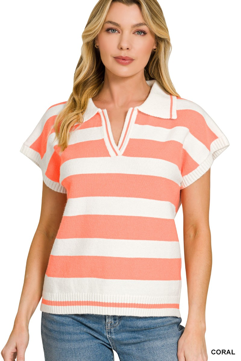 Striped Collared Short-Sleeve Sweater Coral