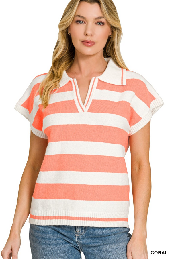 Striped Collared Short-Sleeve Sweater Coral