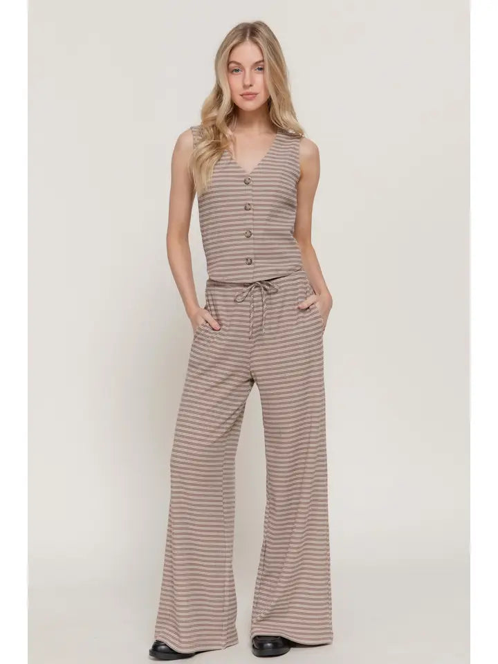 V-Neckline Stripe Varigated Rib Vest - Mink/Cream