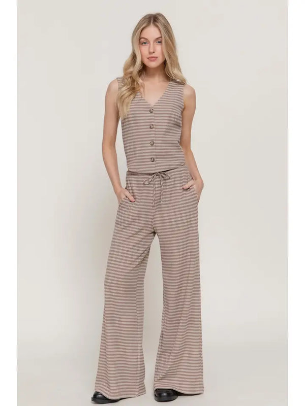 V-Neckline Stripe Varigated Rib Vest - Mink/Cream