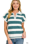 Striped Collared Short-Sleeve Sweater Teal