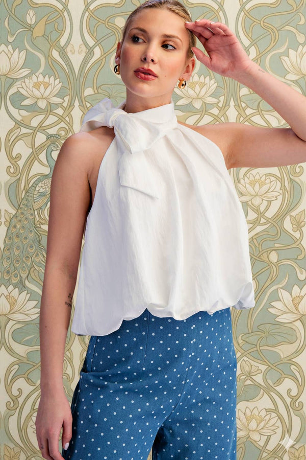 High Neck Ballon Top, White