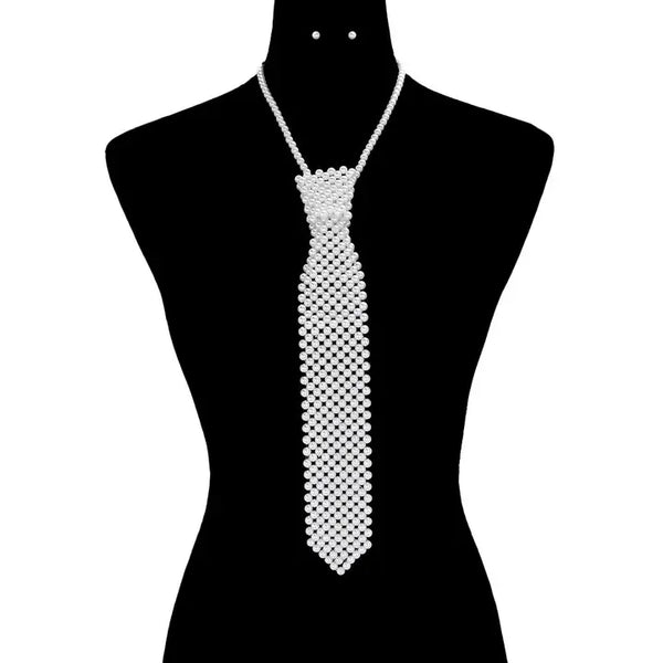 Pearl Necktie Necklace, White