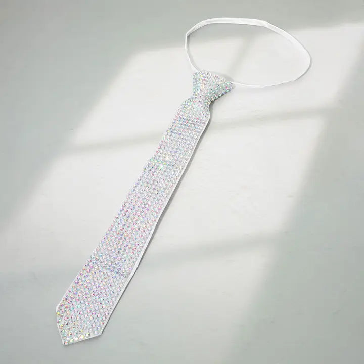 Rhinestone Fringe Necktie Necklace, White