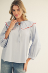 3/4 Sleeve Wide Collar Gingham Peasant Top
