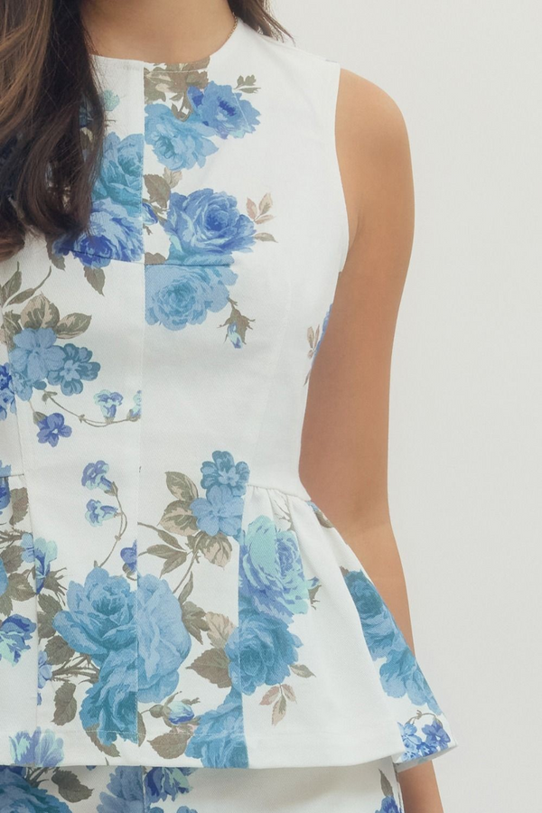 Floral Print Sleeveless Peplum Top - Blue