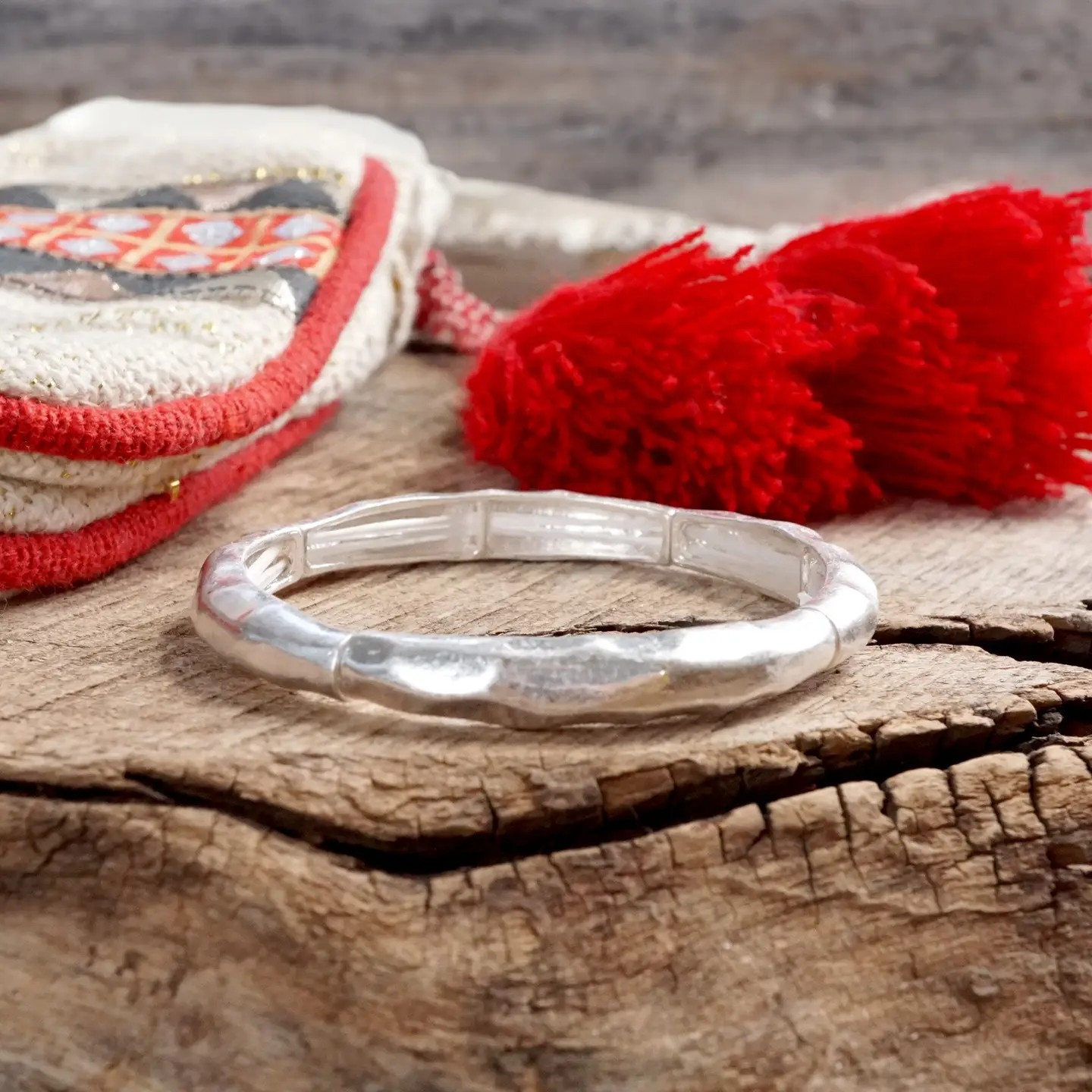 Boho Stretchy Minimalist Bangle Raw Textured Worn Gold and Silver Tones