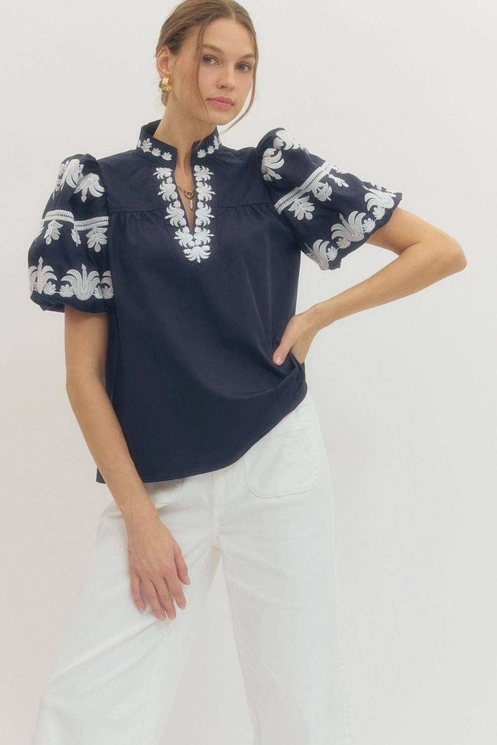 V-neck Band Collar Pullover