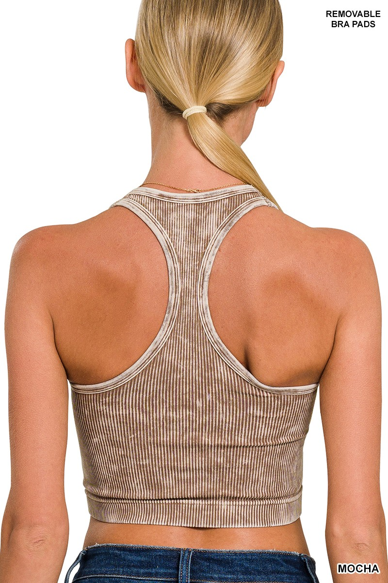 Washed Ribbed Racerback Cropped Tank Top With Bra Pads