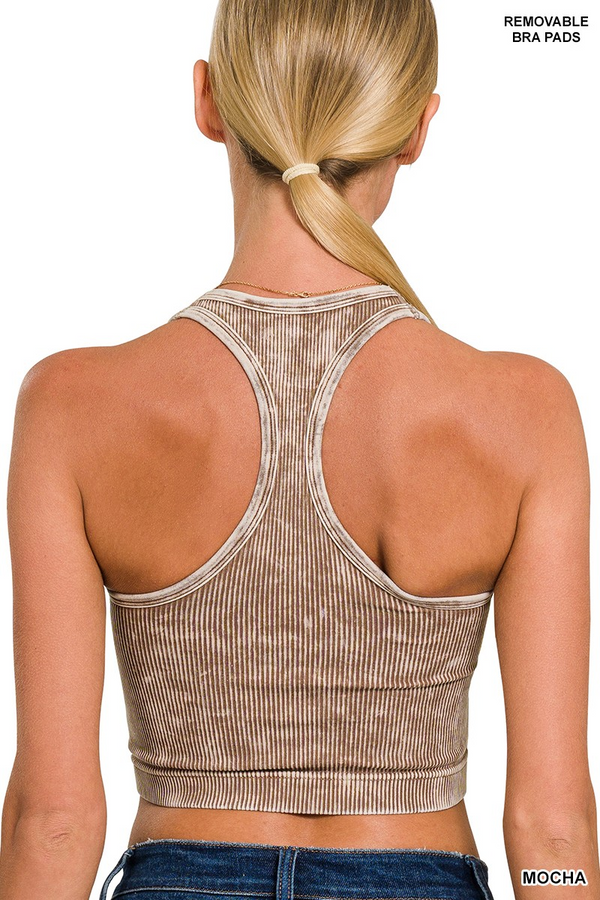 Washed Ribbed Racerback Cropped Tank Top With Bra Pads