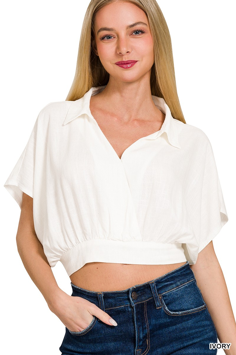Linen Banded Hem Surplice Collar Cropped Top
