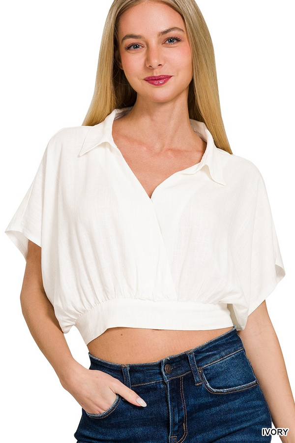 Linen Banded Hem Surplice Collar Cropped Top